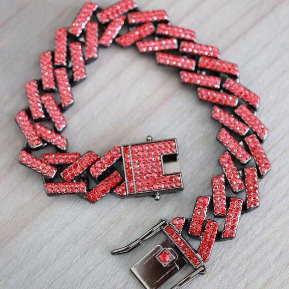 14mm 8inches Cuban Curb Diamond Chain Red/Black Plated Bracelet with Rhinestones - Picture 3 of 3